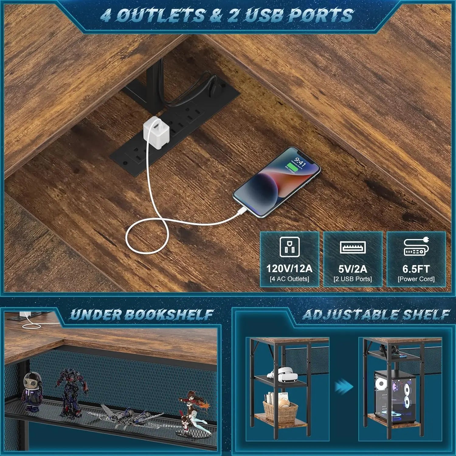 Modern L-Shaped Desk with LED Lights & Power Outlet – Reversible Corner Computer Table with Monitor Stand & Storage Shelf