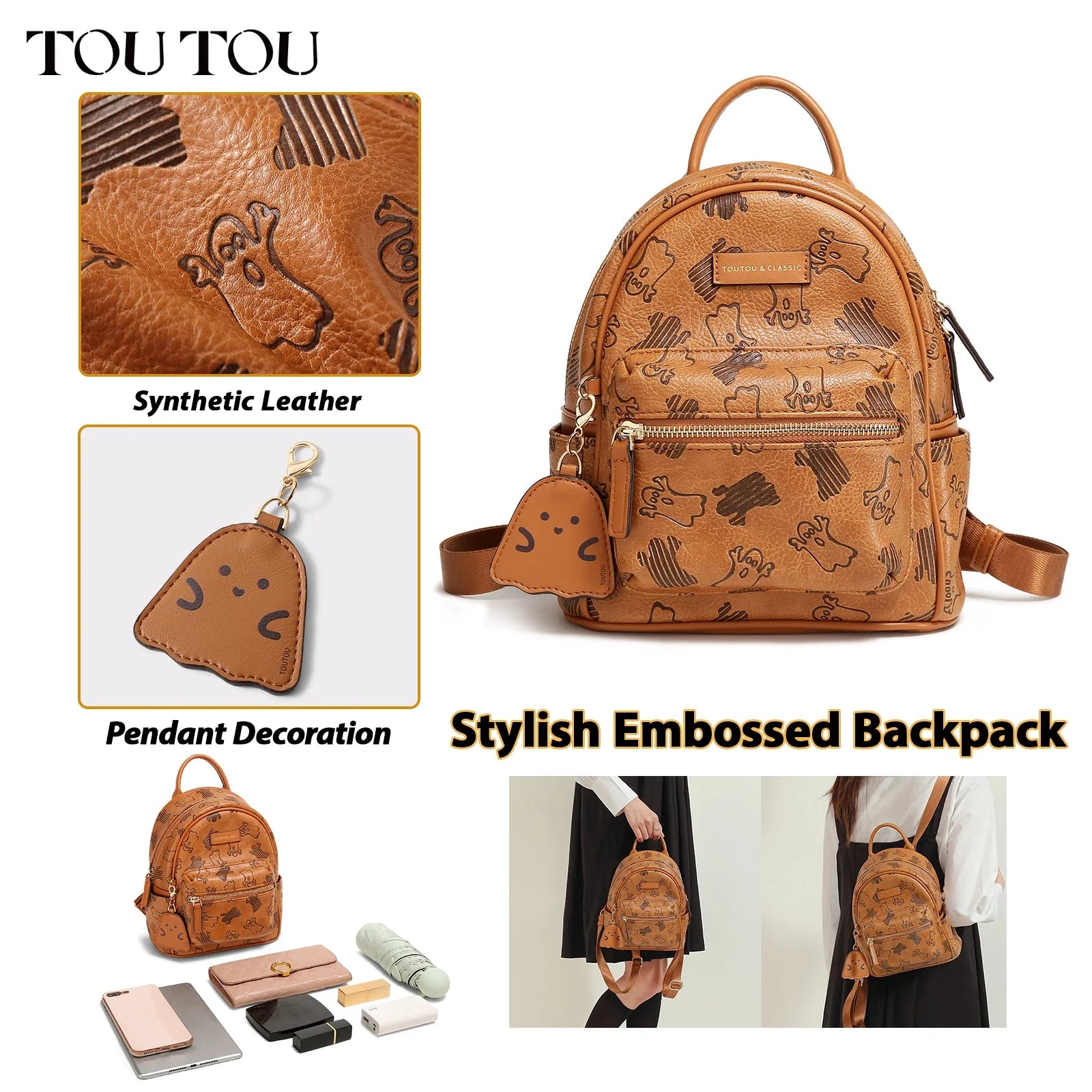 Toutou Brown Fashion Backpack for Women – Large Capacity Japanese & Korean Style Student Travel Bag