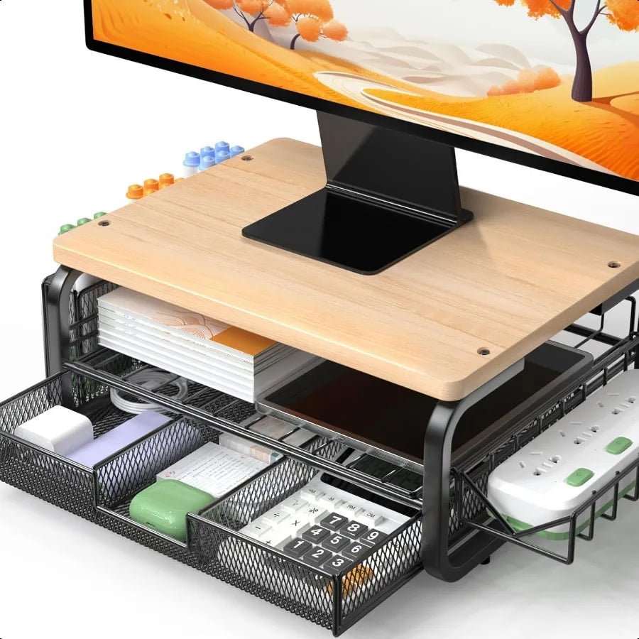 High-Grade Wood Monitor Stand Riser with Drawer – Large Capacity Desk Monitor Stand with Pen & Plug Holder
