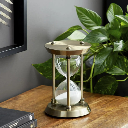 DecMode 6″ x 9″ Brass Metal Hourglass Sand Timer – Luxury White Sand Glass & Antique Finish Décor Piece
