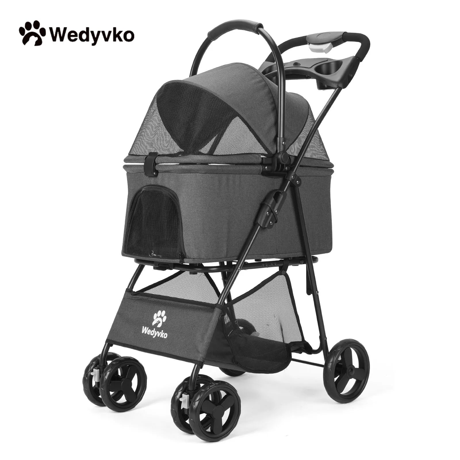 Wedyvko Luxury Detachable Pet Stroller & Rolling Carrier – Four-Wheeled Universal Dog Cart with Cup Holder and Travel Bag