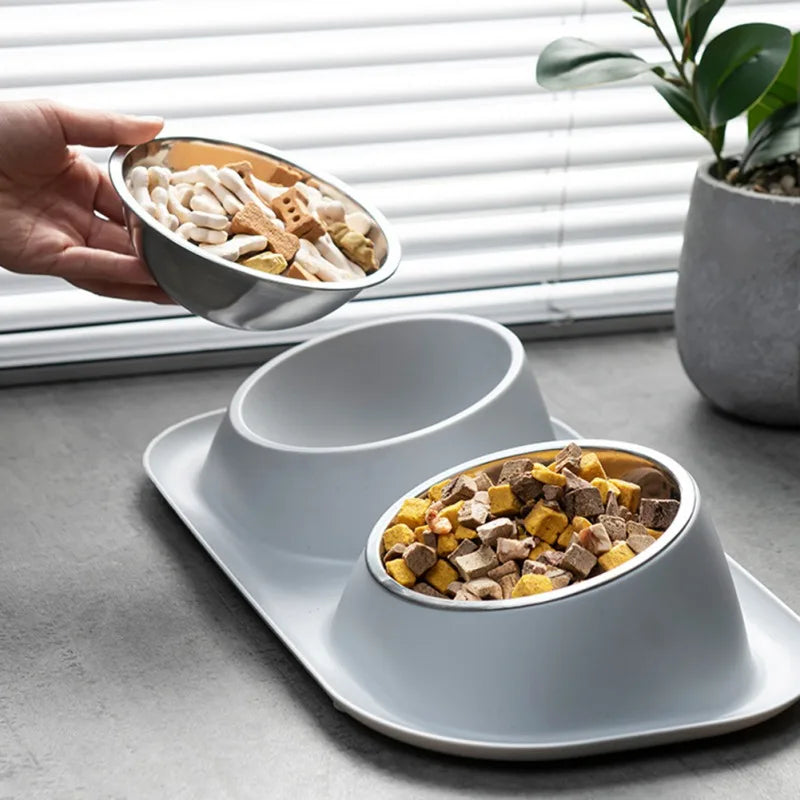 Stainless Steel Double Cat & Dog Bowl – Tilted Pet Food & Water Feeder with Non-Slip Base for Neck Safety 🐾🥣