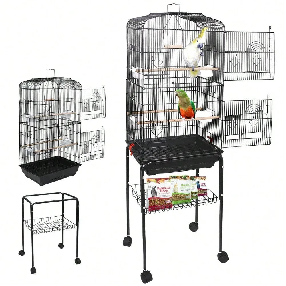 59" Rolling Bird Cage – Spacious Home with Stand & Pull-Out Tray for Cockatiels, Parakeets, Finches & Canaries