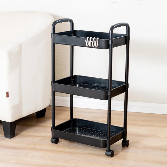 3-Tier Rolling Storage Cart with Wheels & Handle – Mobile Utility Trolley for Bathroom, Kitchen, Office, Laundry
