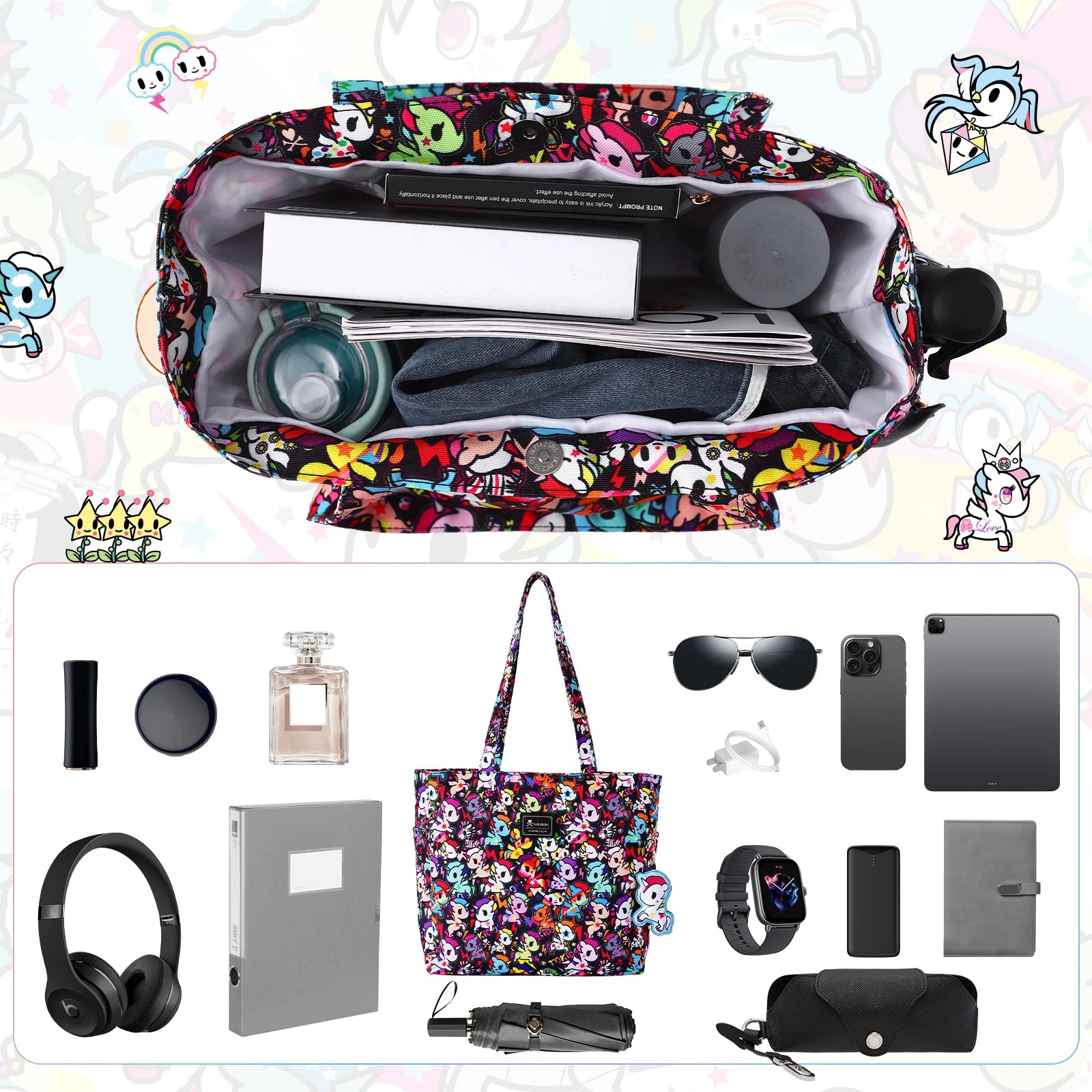 Official Tokidoki Unicorno large tote bag – lightweight women’s shopping & travel shoulder bag with Unicorno keychain