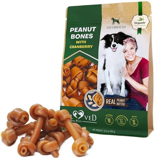 Dog Peanut Butter Bones with Cranberry – Rawhide-Free Organic Chew Treats, Healthy Collagen Snacks for All Breeds