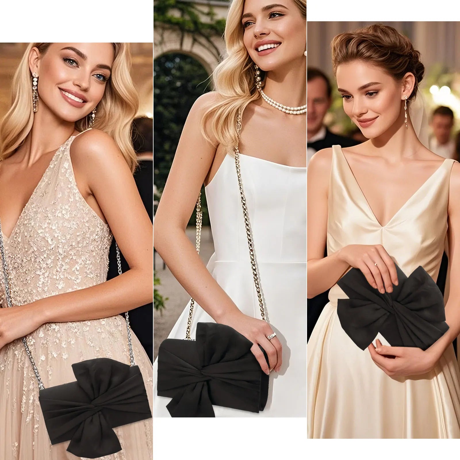 Women’s Exquisite Pleated Satin Evening Bag – Elegant Bow Clutch with Chain Strap for Weddings, Parties & Formal Events
