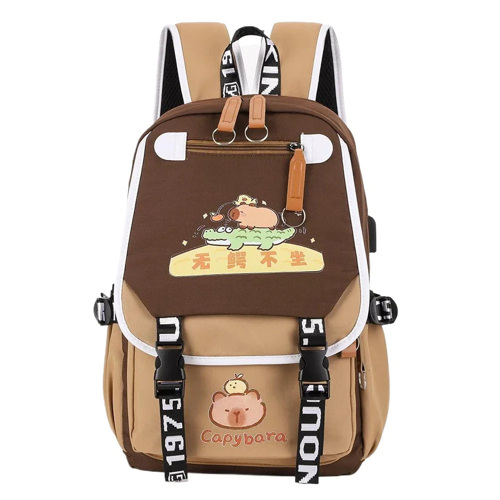Capybara Flap Backpack with Pencil Case – Cute Nylon Animal Daypack for Teens