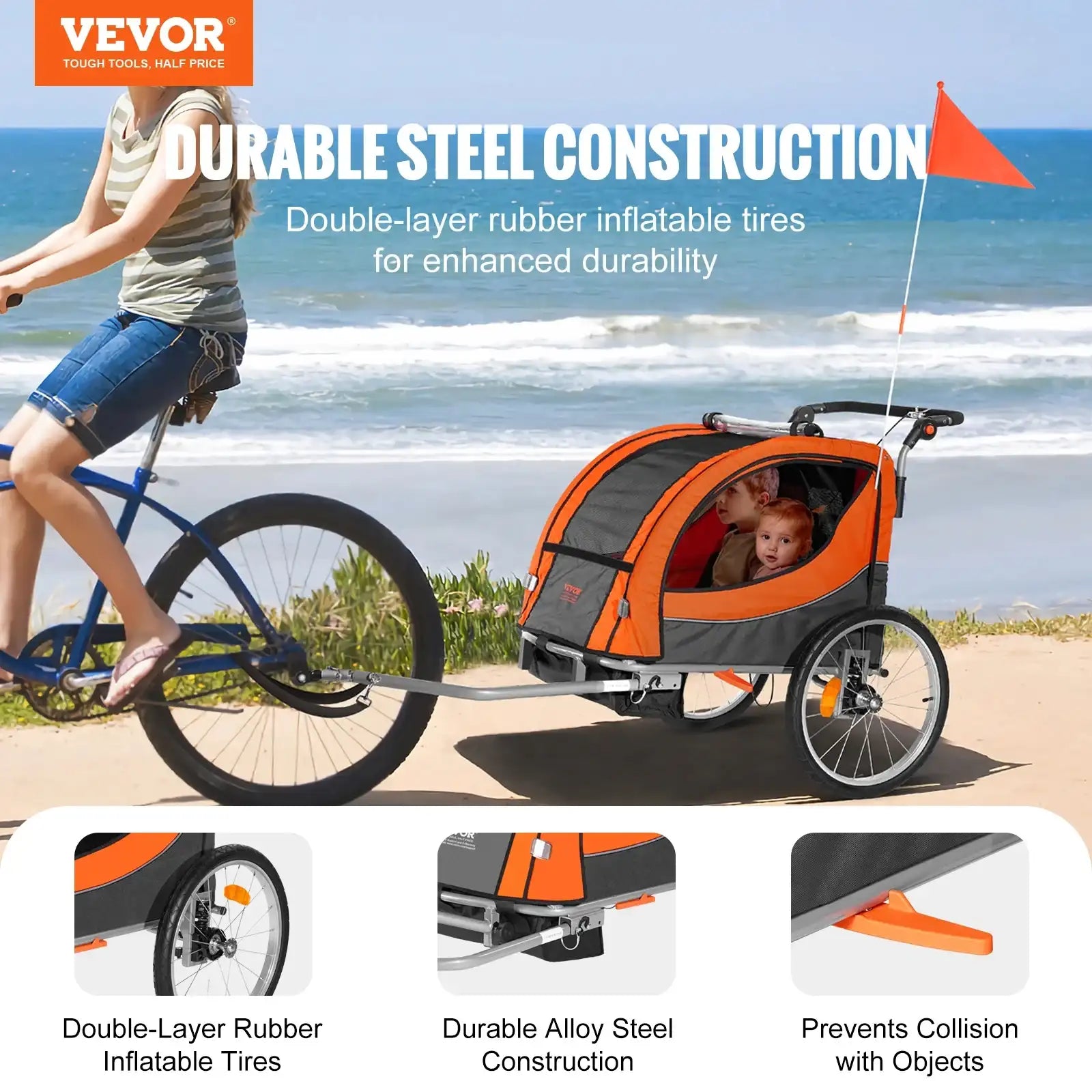 VEVOR Dual-Seat Bike Trailer & Stroller for Kids – Up to 100 lbs Load