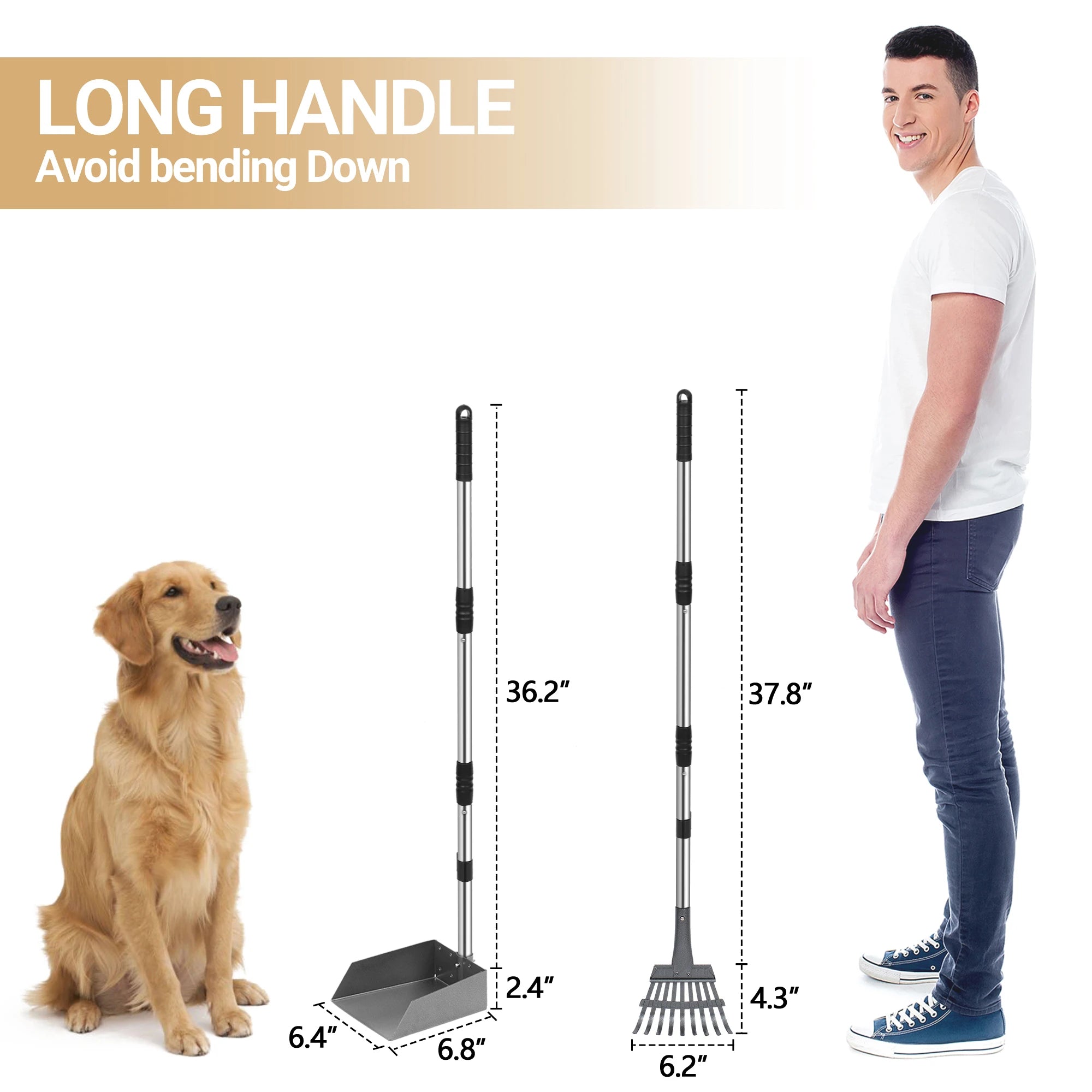 Dog Pooper Scooper Tray & Rake Set – Pet Waste Removal System with Long Adjustable Stainless Steel Handles for Easy Cleanup
