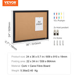 VEVOR Cork Board Bulletin Board – 36 x 24 / 24 x 18 in Vision Board with MDF Frame & Push Pins