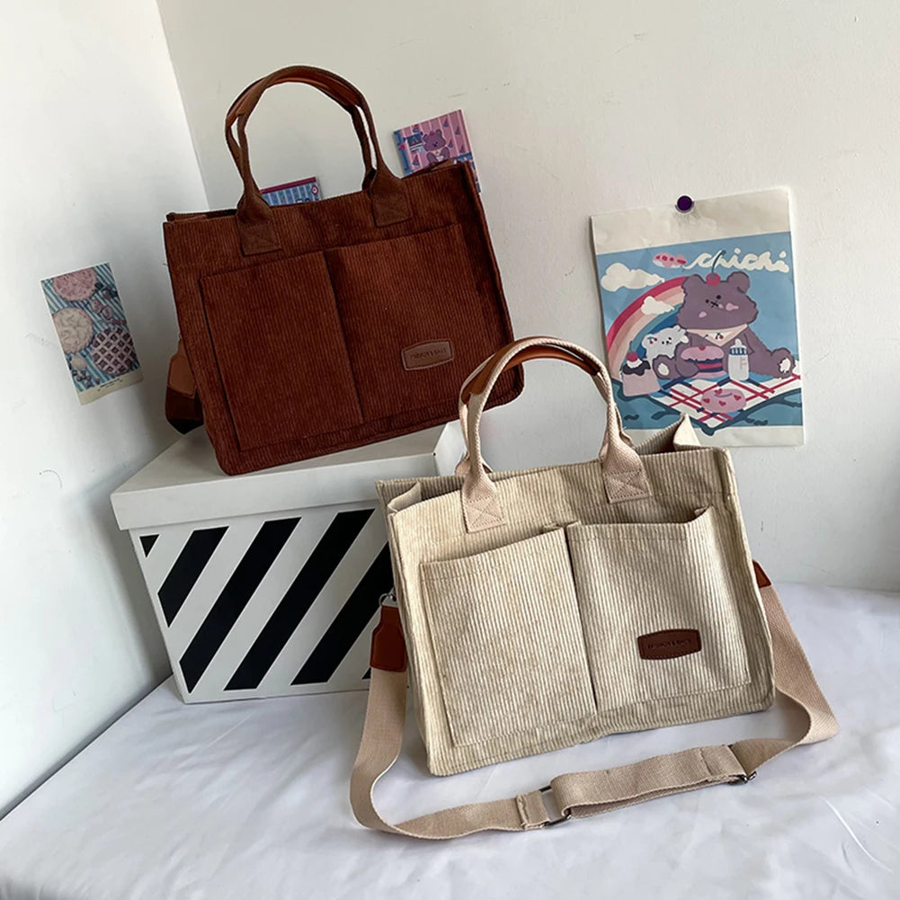 Women’s corduroy tote bag – large-capacity fashion handbag with multiple pockets, top-handle & crossbody design for everyday use