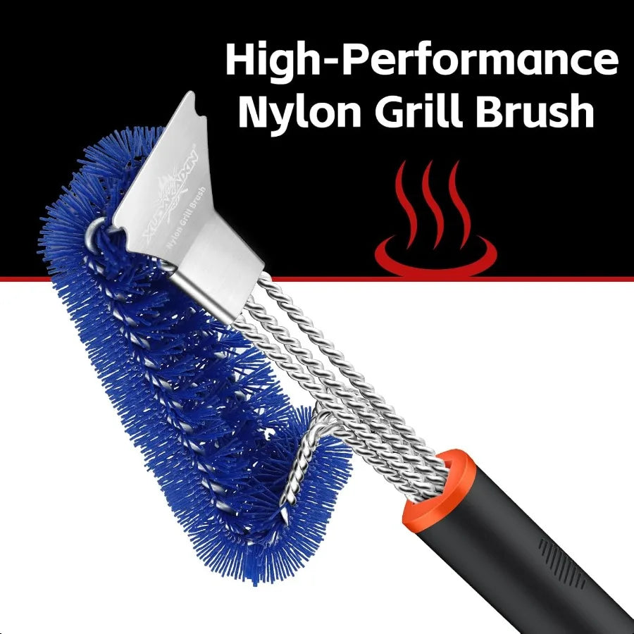 “Grill Brush & Scraper – Safe Nylon Bristles Triple Scrubber for BBQ Cleaning Cast Iron, Porcelain & Weber Gas Grates”