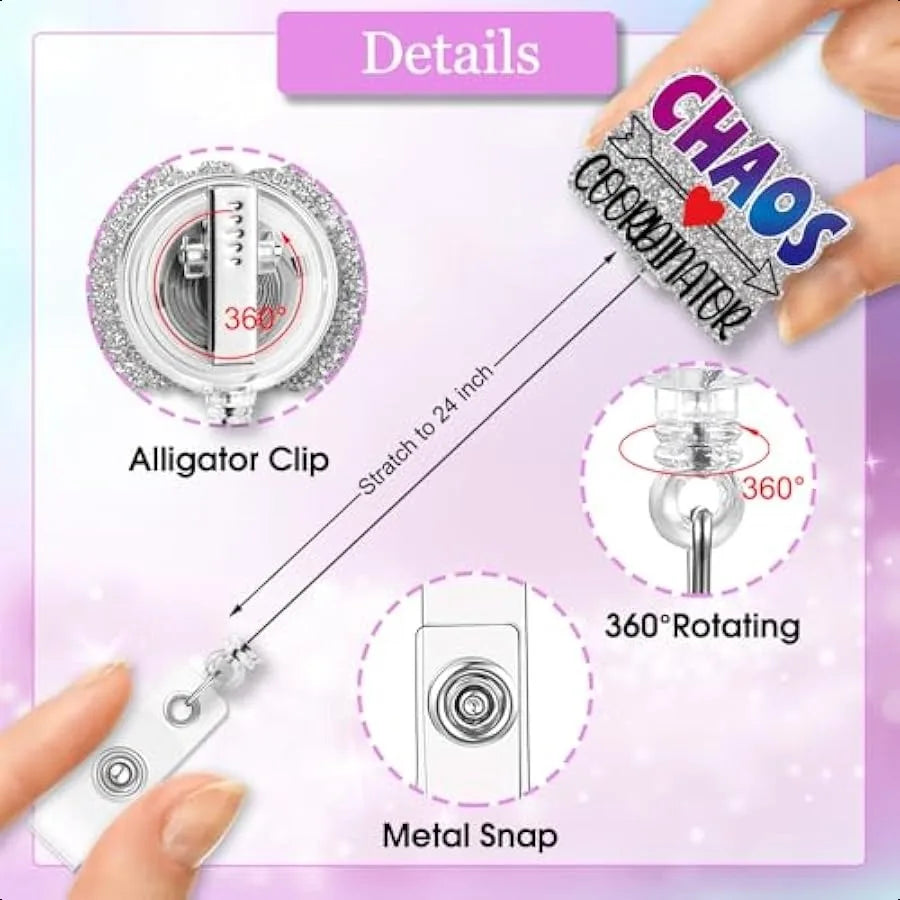 ✨ Funny “Chaos Coordinator” Badge Reel – Silver Glitter Retractable ID Holder with Clip for Nurses, Doctors & Office Staff