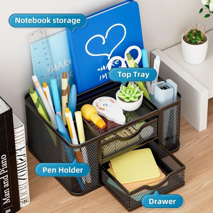Mesh Desk Organizer with Two Drawers – 5 Compartments, Desktop Pen & Pencil Caddy