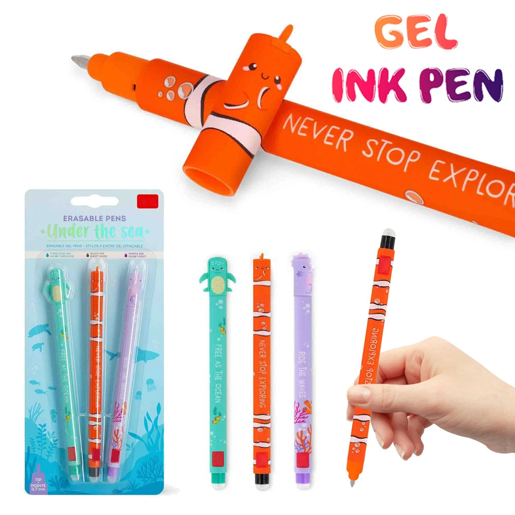 Sea Friends 3-Piece Erasable Gel Pen Set – 0.7 mm Sea Horse, Clown Fish & Sea Turtle Kids Stationery