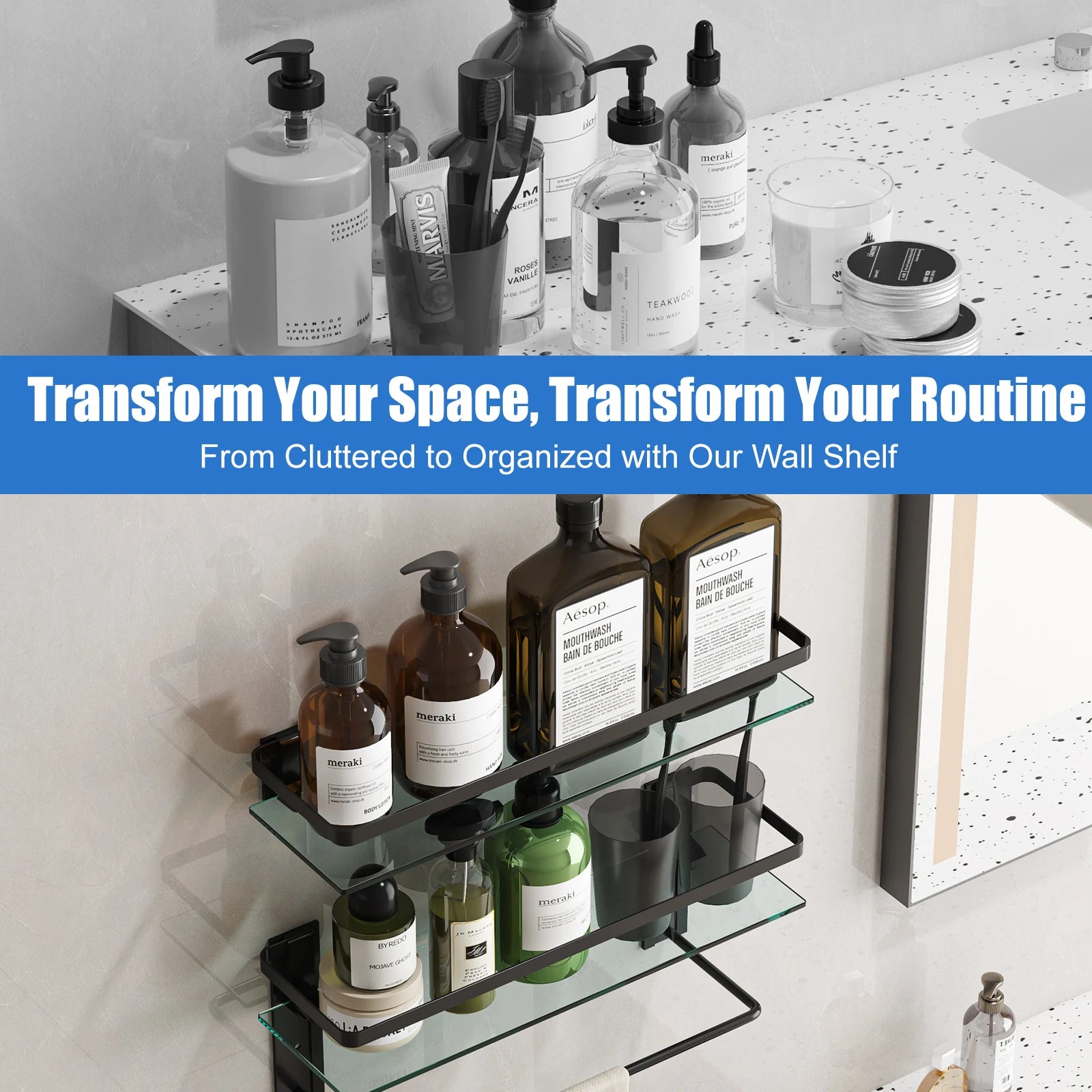 Glass Bathroom Shelf with Towel Bar – 15.7" Rustproof Metal 2-Tier Wall Organizer