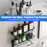 Glass Bathroom Shelf with Towel Bar – 15.7" Rustproof Metal 2-Tier Wall Organizer