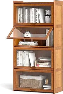 🎋 4-Tier Bamboo Bookcase with Clear Flip-Up Doors – 55" Freestanding Bookshelf & Cube Storage Organizer with Shelves