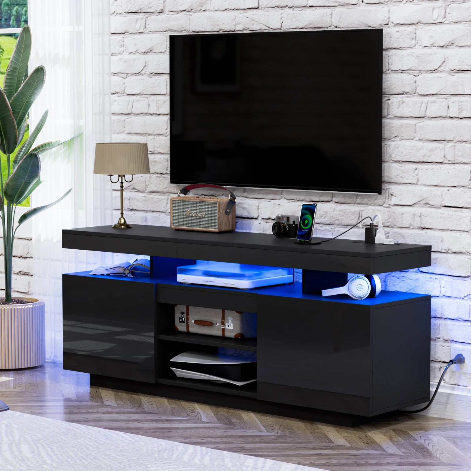 Modern LED-Light TV Stand for 55–65″ TVs – Built-in Power Outlets, Gaming & Console Storage Entertainment Center