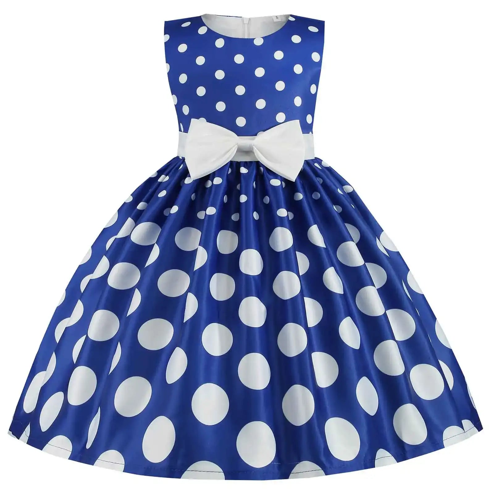Girls Sleeveless Dot Party Dress – Bowknot Birthday & Wedding Gown (Kids)