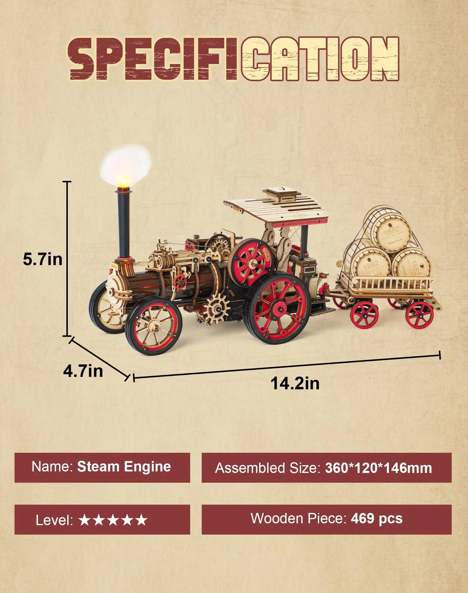 “Robotime ROKR Tractor Locomotive – 3D Wooden Puzzle Steam Engine Model Kit for Adults & Kids”