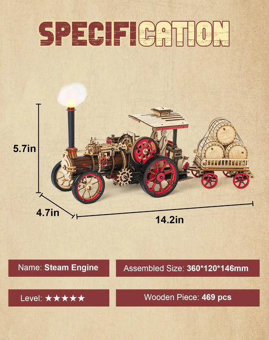 “Robotime ROKR Tractor Locomotive – 3D Wooden Puzzle Steam Engine Model Kit for Adults & Kids”