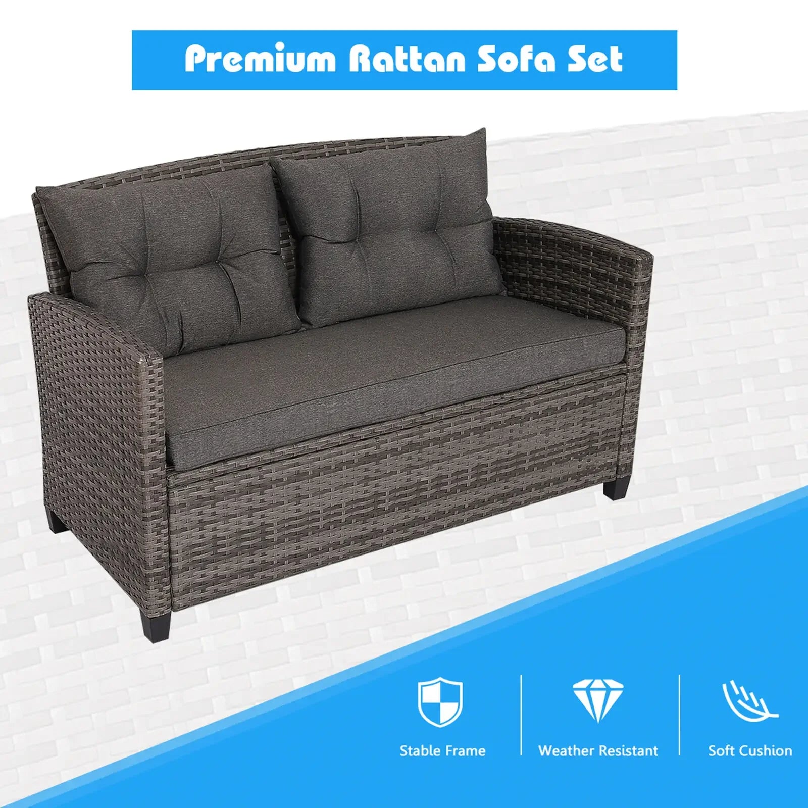 “4-Piece Rattan Patio Conversation Set – Outdoor Furniture with Cushioned Loveseat, 2 Chairs & Coffee Table”