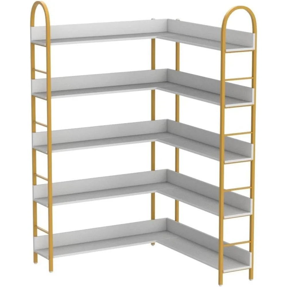 5-Tier L-Shaped Corner Bookcase – White & Gold Modern Display Shelf with Adjustable Feet & Anti-Tip Design
