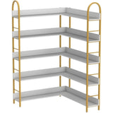 5-Tier L-Shaped Corner Bookcase – White & Gold Modern Display Shelf with Adjustable Feet & Anti-Tip Design