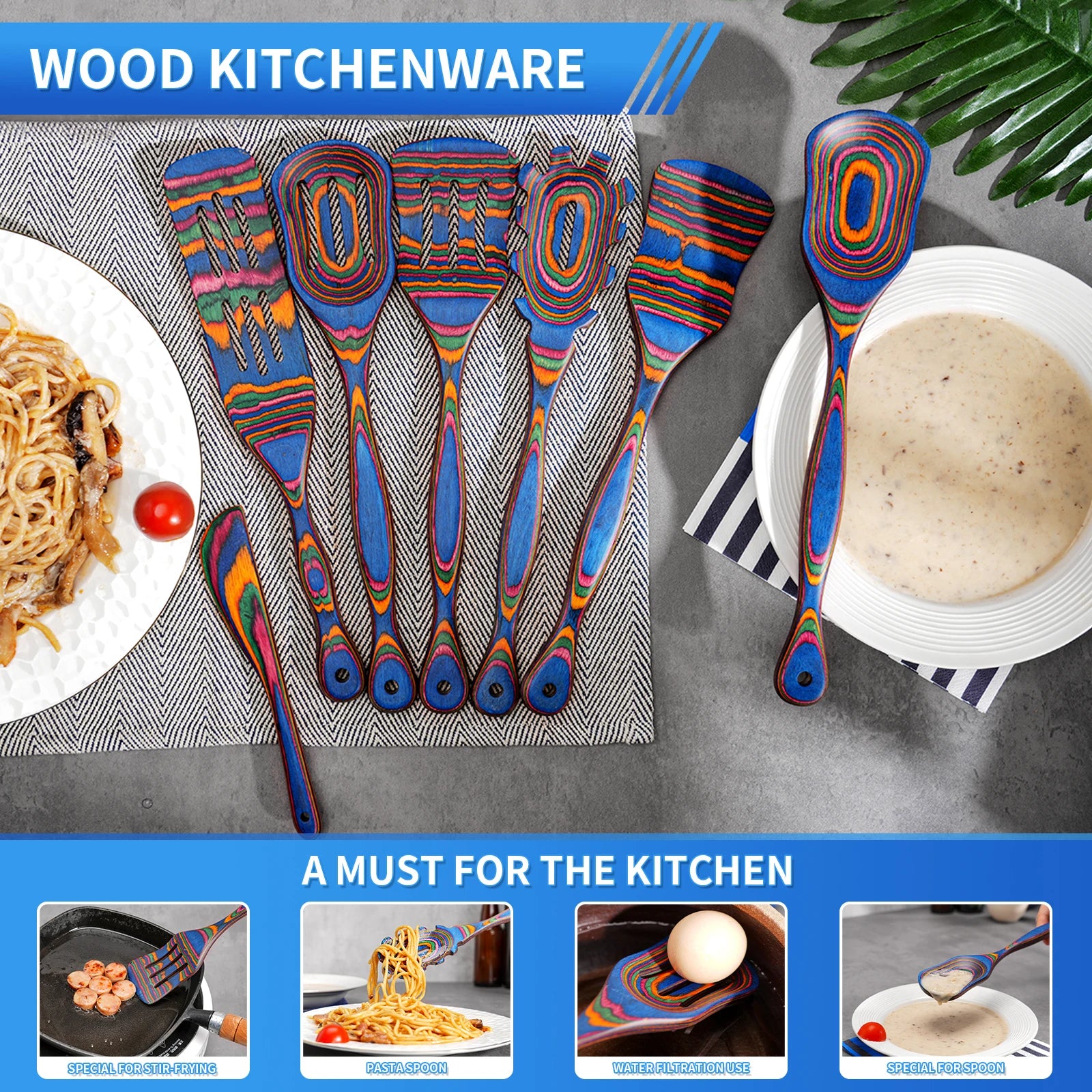 7-Piece Blue Pakkawood Cooking Utensils Set – Wooden Spoons & Spatulas for Cooking, Serving and Stirring