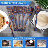 7-Piece Blue Pakkawood Cooking Utensils Set – Wooden Spoons & Spatulas for Cooking, Serving and Stirring