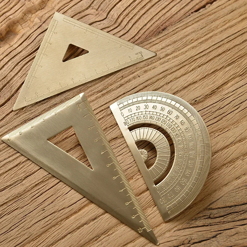 Vintage Brass Straight Ruler – Metal Triangle & Protractor Measuring Tool for Students & Creatives