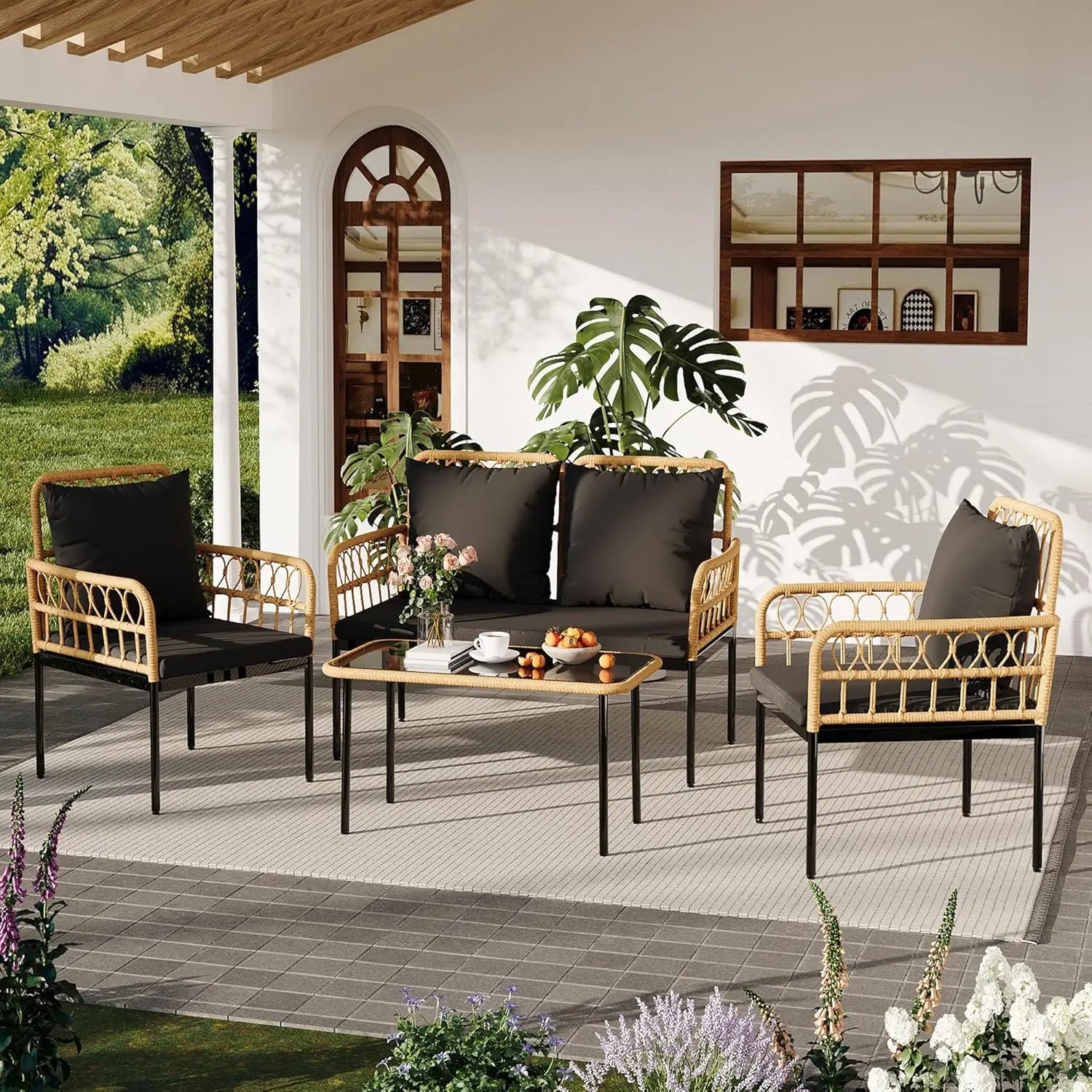 “4-Piece Outdoor Patio Furniture Set – Rattan Balcony Set with Chaise Lounge, 2 Armchairs & Coffee Table”