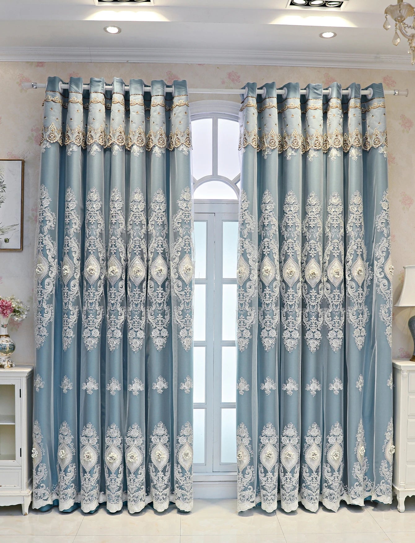 Vintage-Style Embroidered Dual-Layer Curtains – 3D Relief Pattern Window Drapes (Single Panel)