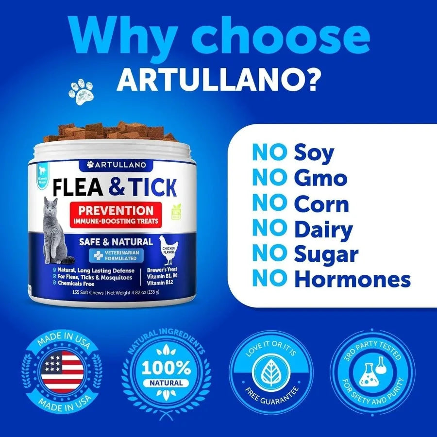 Natural Flea & Tick Prevention for Cats – Chewable Daily Supplement with Vitamins, Oral Pills for Cats & Kittens