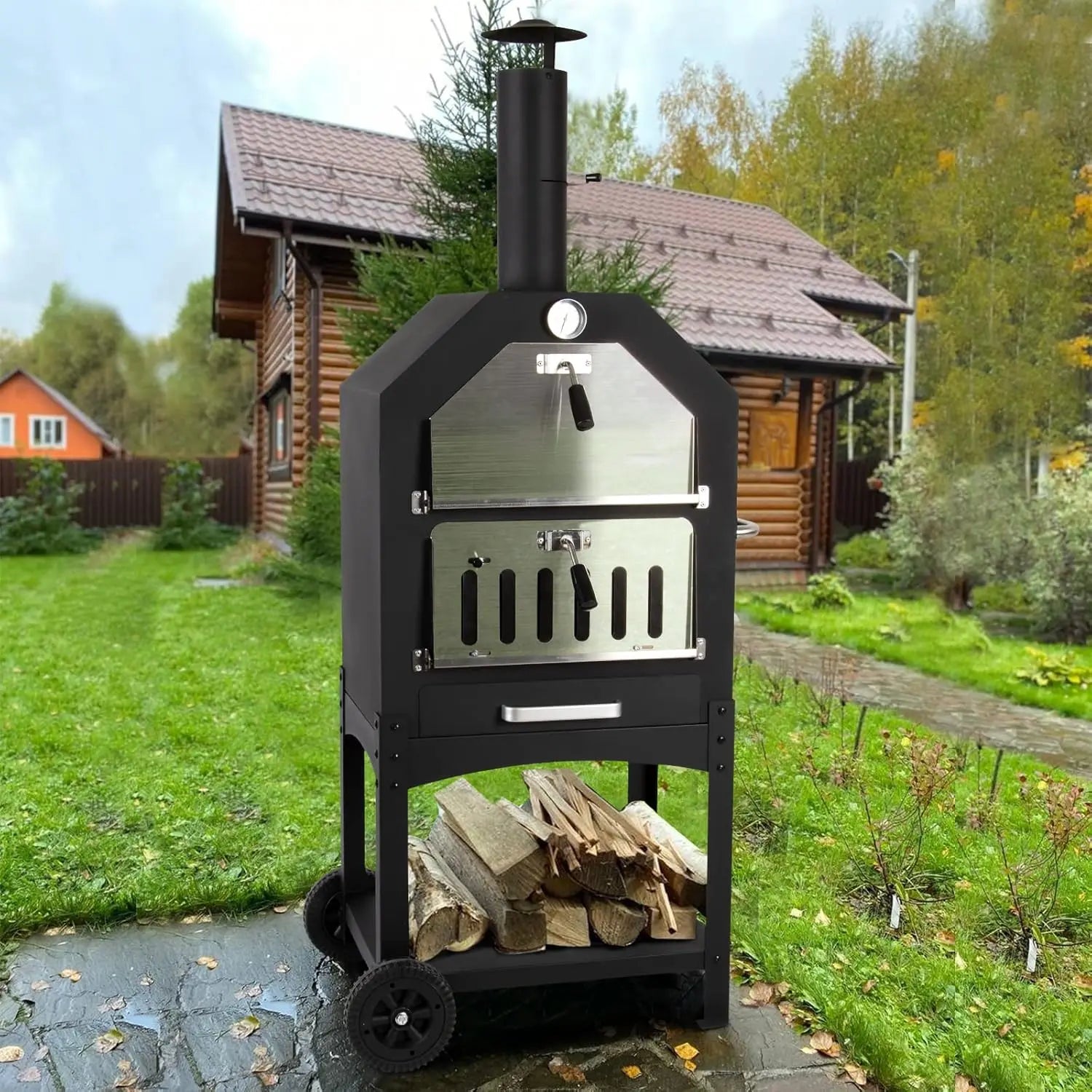 “Outdoor Wood-Fired Pizza Oven – Portable Patio Pizza Maker with Cooking Grill, Wheels & Waterproof Cover for Backyard & Camping”