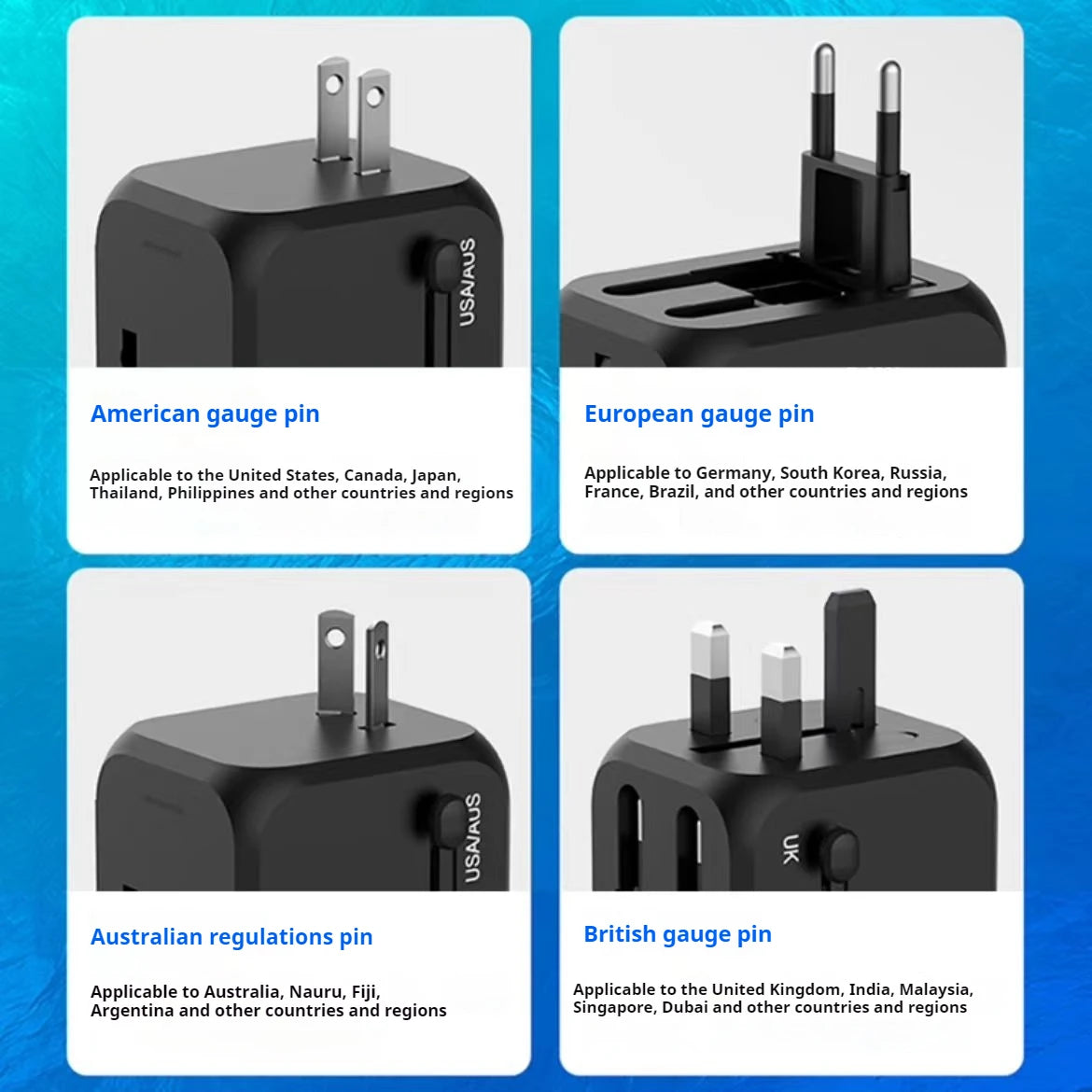 Universal Travel Power Adapter – Compact Converter with Multi-Plug Outlets for China, USA, UK & Europe