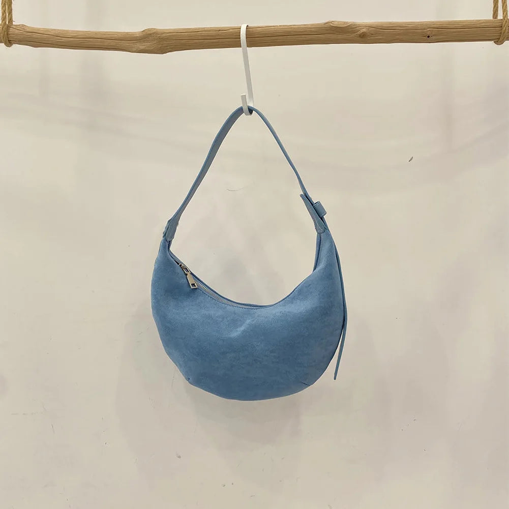Women’s Suede Crescent Shoulder Bag – Retro Solid Color Handbag with Zipper Closure, Trendy Clutch for Work & Travel