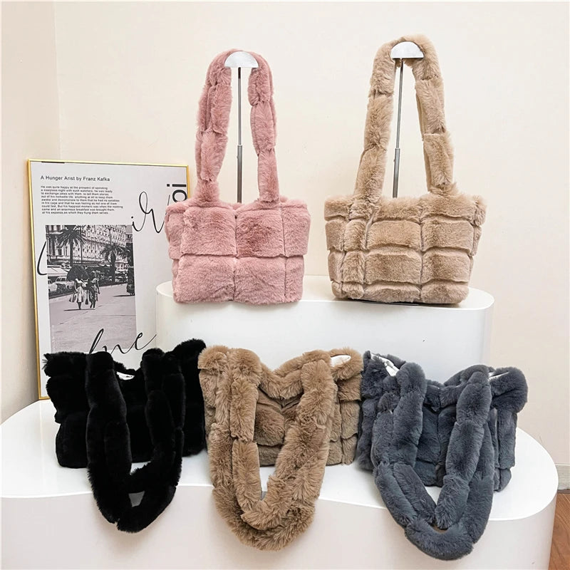 Women’s plush shoulder tote bag – large-capacity fluffy handbag, solid color casual furry purse for autumn & winter fashion