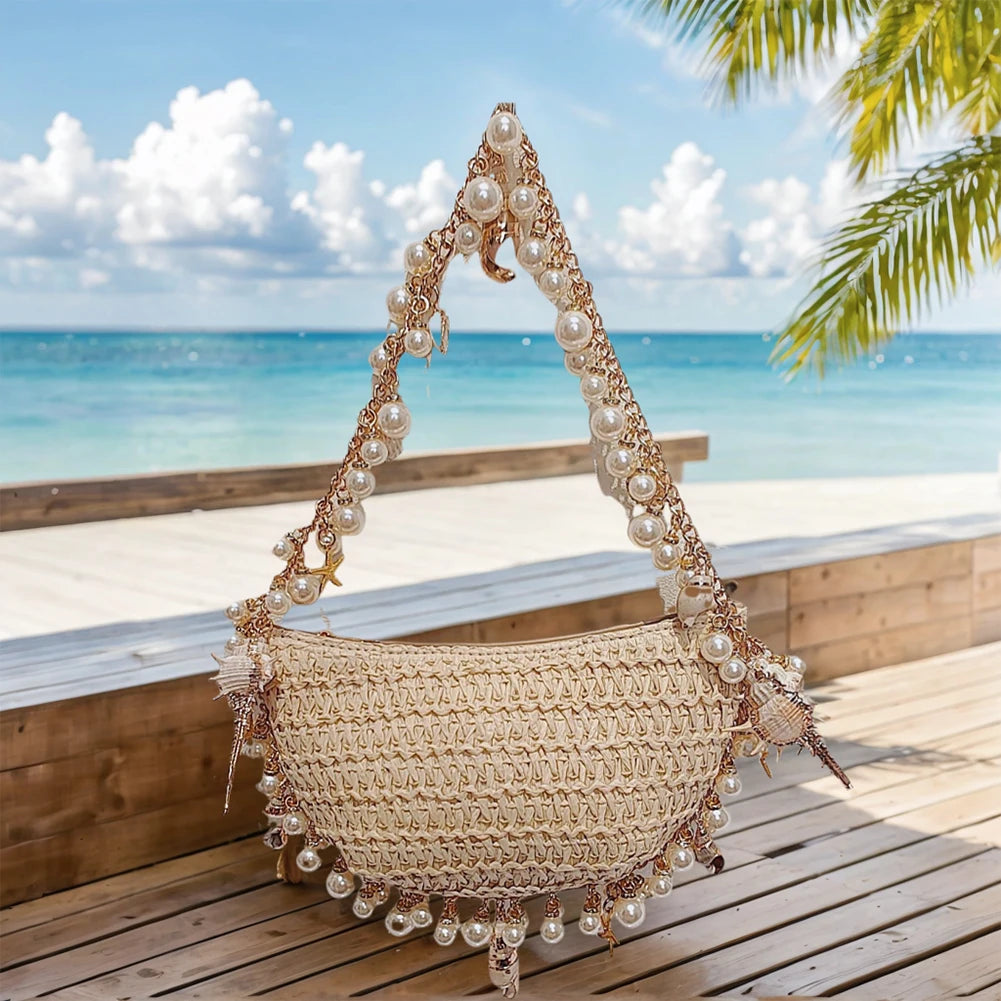 Women Pearl “Conch” Shoulder Bag with Pearl-Chain Strap – Elegant Straw Tote for Party & Commute