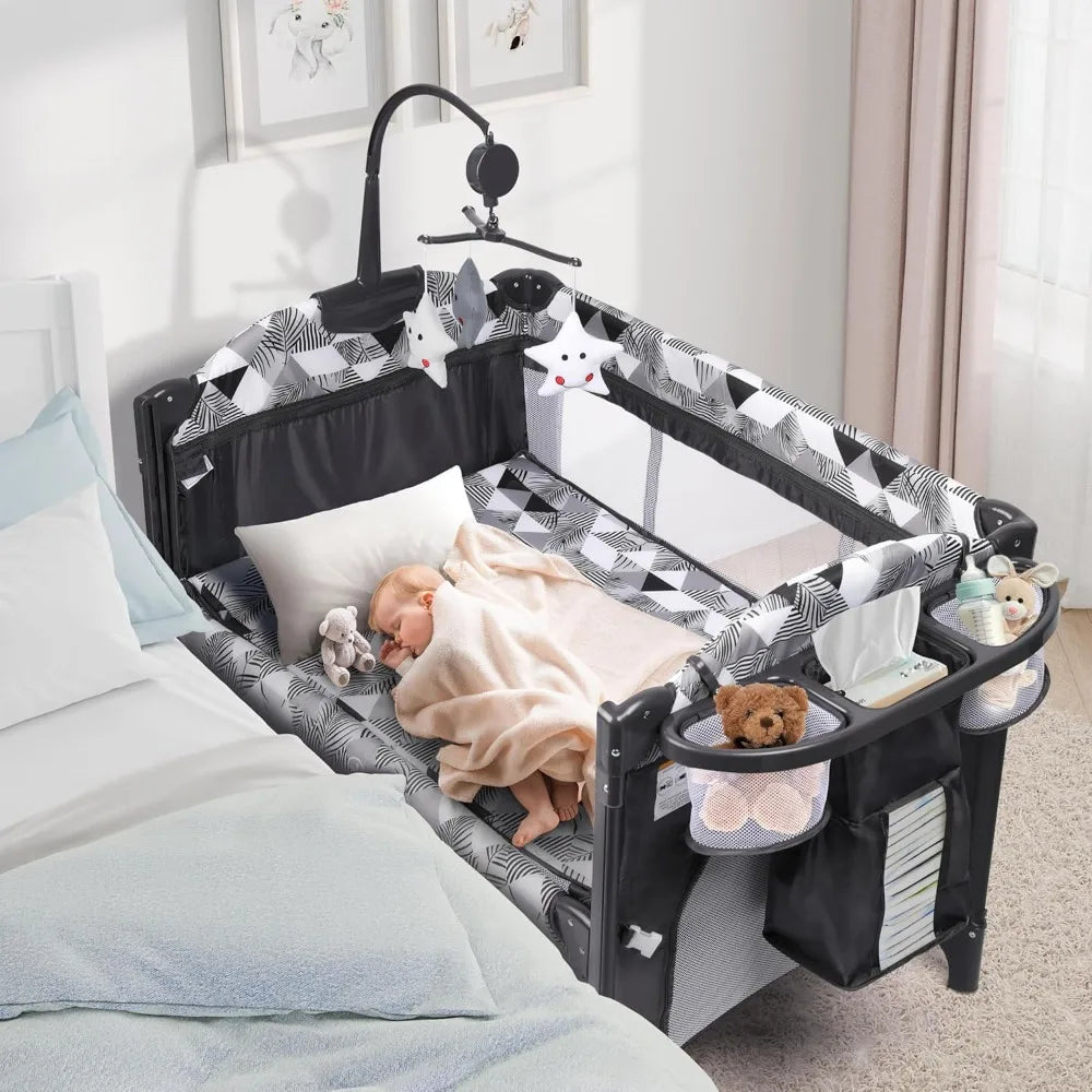 “5-in-1 Baby Bassinet Bedside Sleeper – Portable Baby Crib & Pack and Play with Changing Table, Storage & Carry Bag”