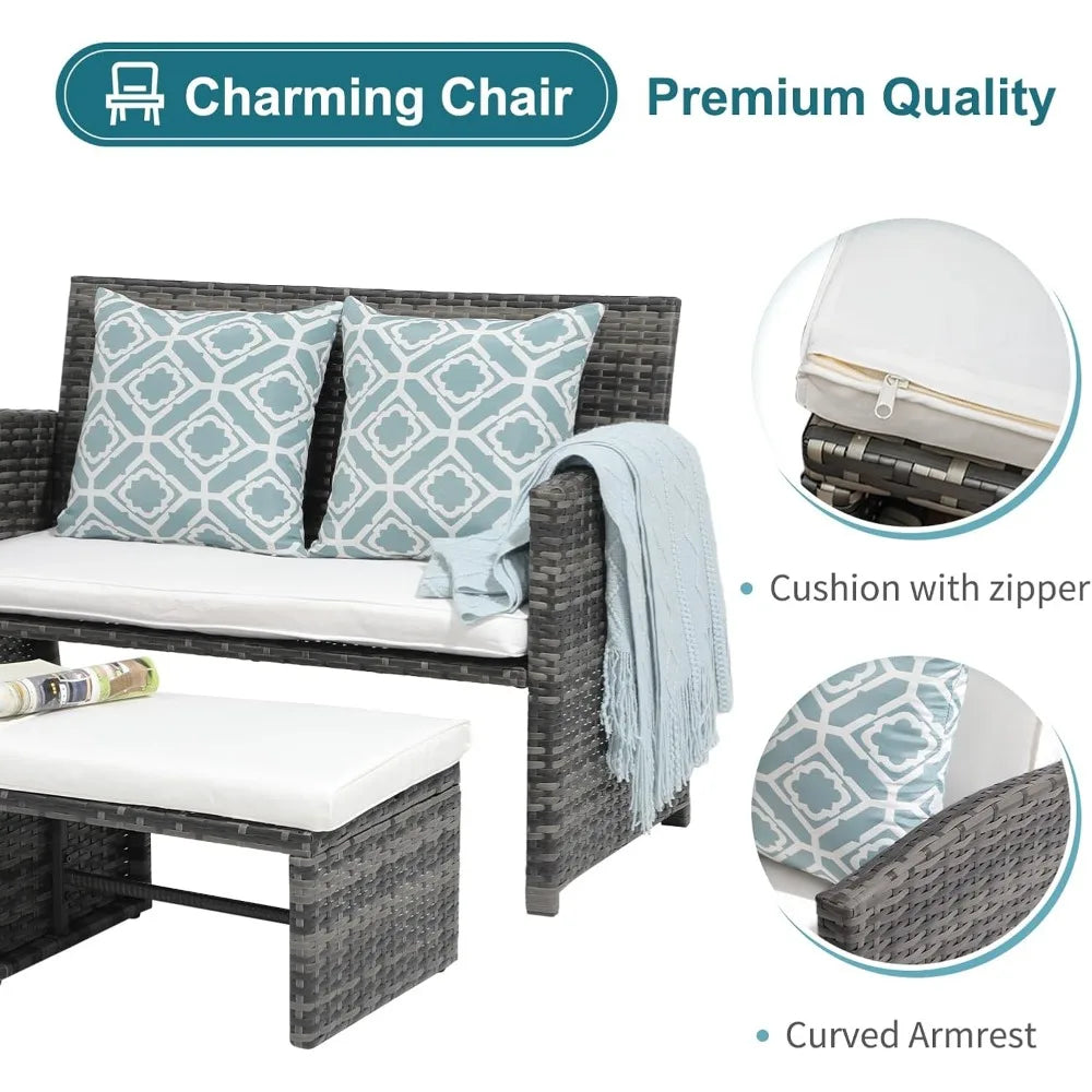 3-Piece Casual Patio Furniture Set – Gray Rattan Loveseat with Ottomans & White Cushions | Outdoor Wicker Conversation Set for Porch & Garden