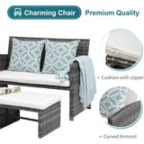 3-Piece Casual Patio Furniture Set – Gray Rattan Loveseat with Ottomans & White Cushions | Outdoor Wicker Conversation Set for Porch & Garden