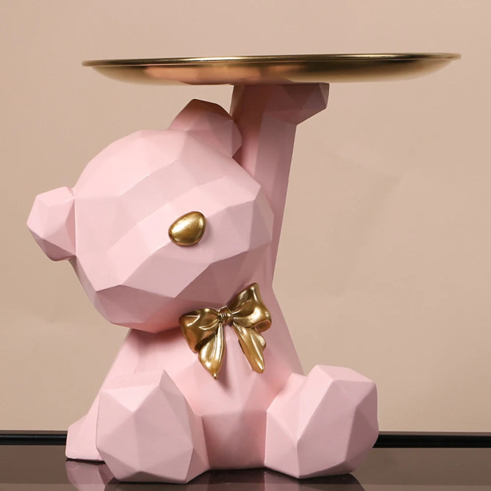 Geometric Bear Resin Sculpture with Tray – Modern Storage Figurine & Key Holder for Home, Entryway & Office Décor