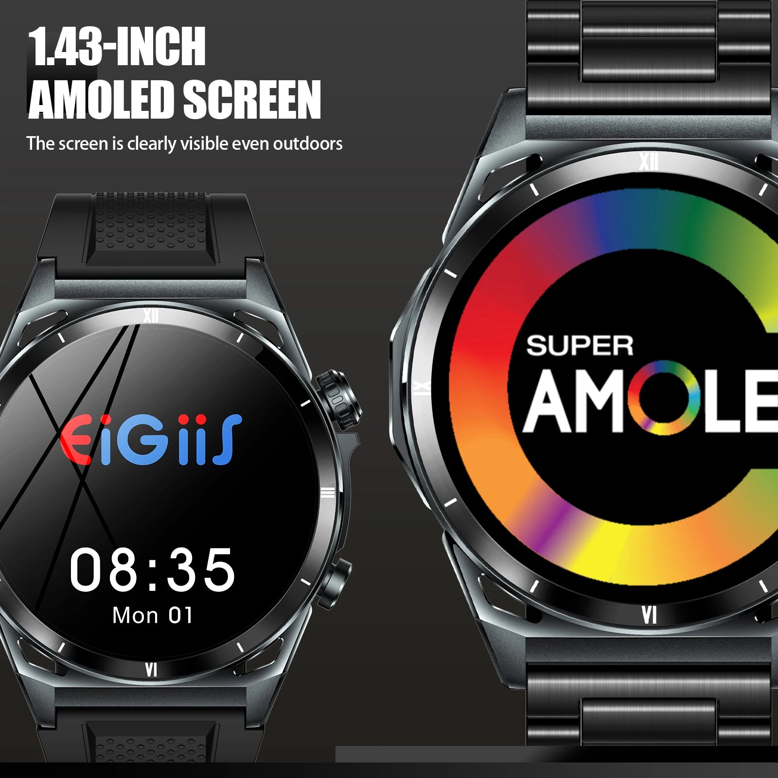 EIGIIS KE6 Smart Watch – 1.43” AMOLED Sports Watch for Men with Bluetooth Call, Health Monitoring & IP68 Waterproof Design