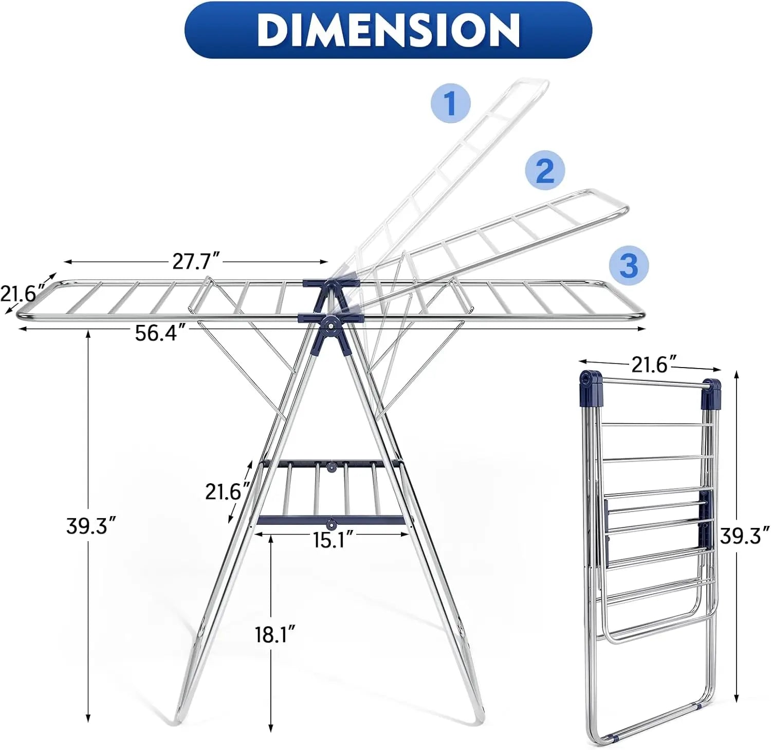 Adjustable Gullwing Foldable Clothes Drying Rack – Height-Adjustable Wings, Indoor & Outdoor Laundry Stand