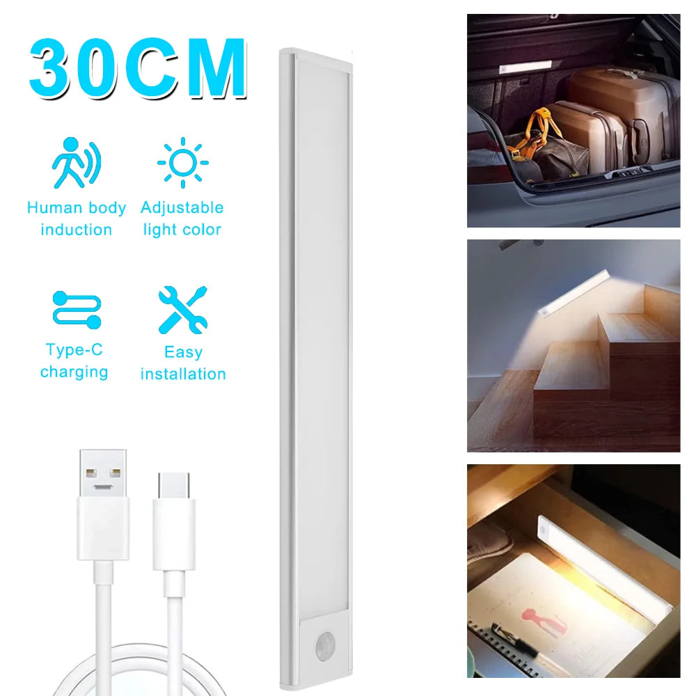 30cm Motion Sensor LED Light – USB Rechargeable Wireless Night Lamp with 3 Color Modes for Kitchen, Bedroom & Wardrobe Lighting