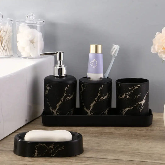 7-Piece White Marble Bathroom Accessory Wash Set – Soap Dispenser, Tray & Cotton Swab Box