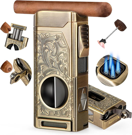 Scotte 4-Jet Flame Cigar Lighter – Refillable Butane with Cutter, V-Cut Punch, Holder & Draw Enhancer Kit